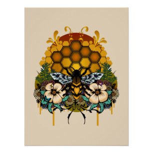 Queen Bee Floral Honeycomb Botanical Garden Poster