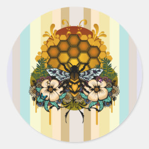 Queen Bee Floral Honeycomb Colourful Striped Classic Round Sticker