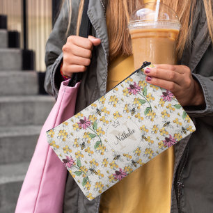 Queen Bee Floral Monogram Ivory Modern Accessory Pouch