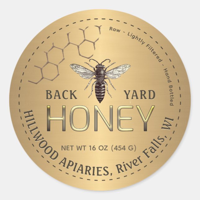 Queen Bee Gold Honey Jar Label Raw Back Yard Honey (Front)
