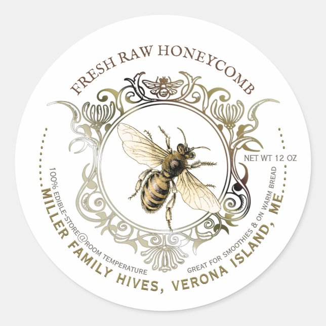 Queen Bee Gold Ornate Frame Fresh Raw Honeycomb Classic Round Sticker (Front)