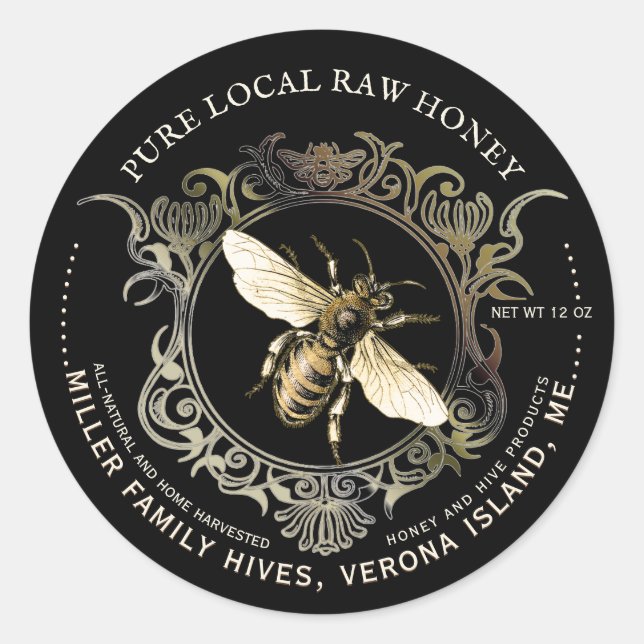 Queen Bee Gold Ornate Frame Honey Label Black (Front)
