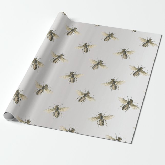 Queen Bee Honey Comb Metallic Bronze Grey Sepia Wrapping Paper (Unrolled)