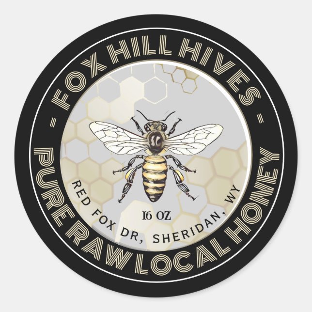 Queen Bee Honey Honeycomb on Black Label (Front)