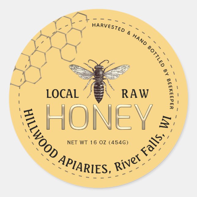 Queen Bee Honey Jar Label Local Raw Hand Bottled  (Front)