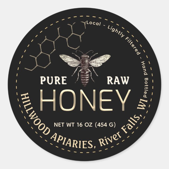 Queen Bee Honey Jar Label Pure Raw Local Honey (Front)