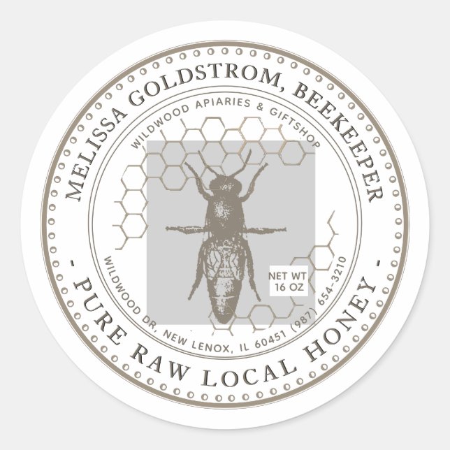 Queen Bee Honey Label with honeycomb taupe (Front)