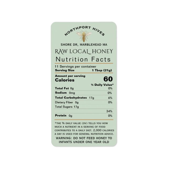 Queen Bee Honey Nutrition Fact with Infant Warning Label (Front)