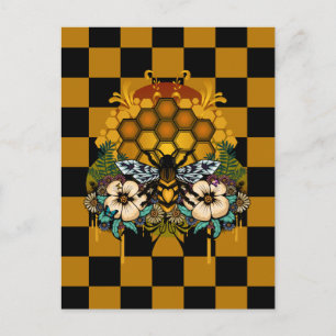 Queen Bee Honeycomb Floral Art Bold Yellow Black Postcard