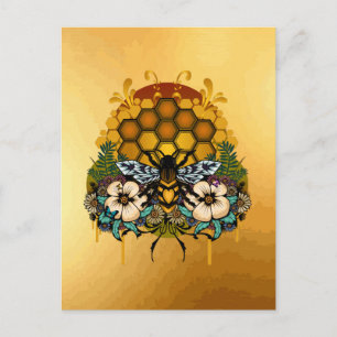 Queen Bee Honeycomb Floral Art Elegant Gold Postcard