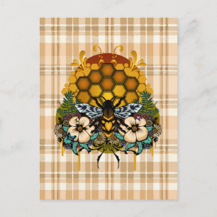 Queen Bee Honeycomb Floral Art Orange White Plaid Postcard