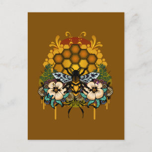 Queen Bee Honeycomb Floral Art Warm Earth Tone Postcard
