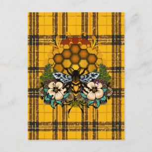 Queen Bee Honeycomb Floral Art Yellow Brown Plaid Postcard