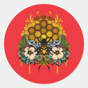 Queen Bee Honeycomb Floral Bold Red Background Classic Round Sticker