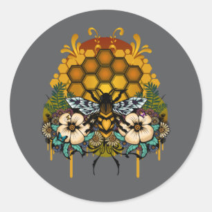 Queen Bee Honeycomb Floral Dark Grey Minimalist Classic Round Sticker
