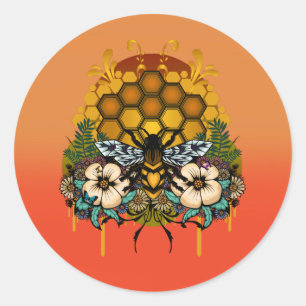 Queen Bee Honeycomb Floral Orange Gradient Warm Classic Round Sticker