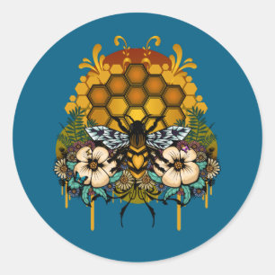 Queen Bee Honeycomb Floral Steel Blue Elegant Classic Round Sticker