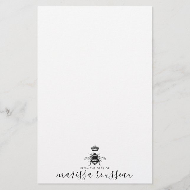 Queen Bee Logo Crown Handwritten Script Name Stationery (Front)
