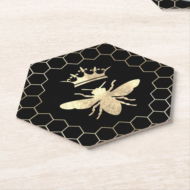 queen bee on black paper coaster (Angled)
