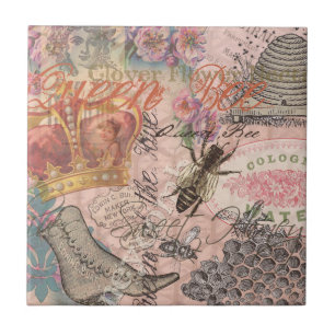 Queen Bee Vintage Beautiful Collage Ceramic Tile