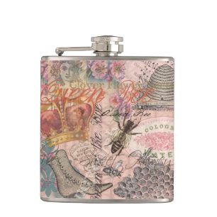 Queen Bee Vintage Beautiful Collage Hip Flask