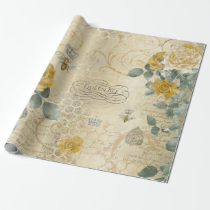 Queen Bee Vintage Golden Roses Floral Wrapping Paper