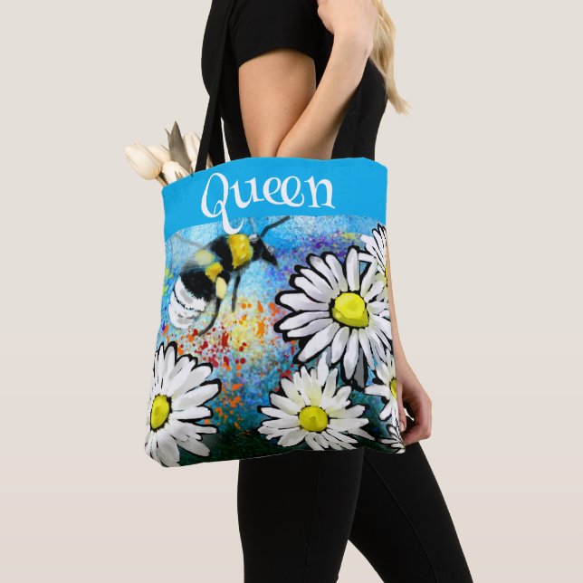 Queen Bee Whimsical Bumblebee Daisies Personalised Tote Bag (Close Up)
