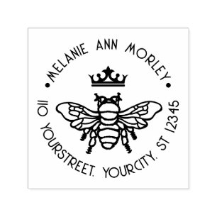 Queen Bee with Crown Round Name Return Address Self-inking Stamp