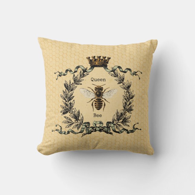 Queen Bee with Vintage Crown and Wreath Cushion (Front)