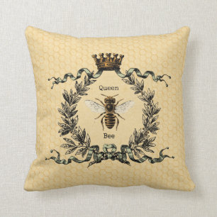 Queen Bee with Vintage Crown and Wreath Cushion