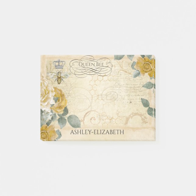 Queen Bee Yellow Gold Rose Floral Monogram 4x3 Post-it Notes (Front)