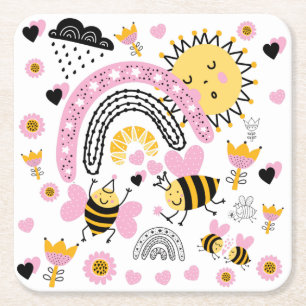 Queen BEES Cute BFF, Baby Girl, Girly Gifts Pink Square Paper Coaster