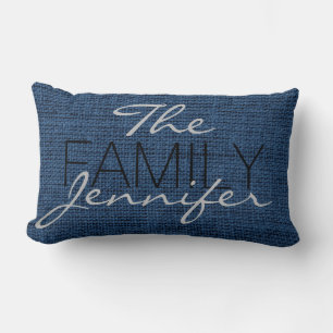 Queen Blue Burlap Rustic Linen Monogram Lumbar Cushion