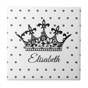 Queen crown floral black white beautiful vintage ceramic tile
