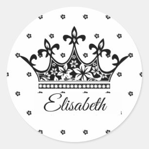 Queen crown floral black white beautiful vintage  classic round sticker