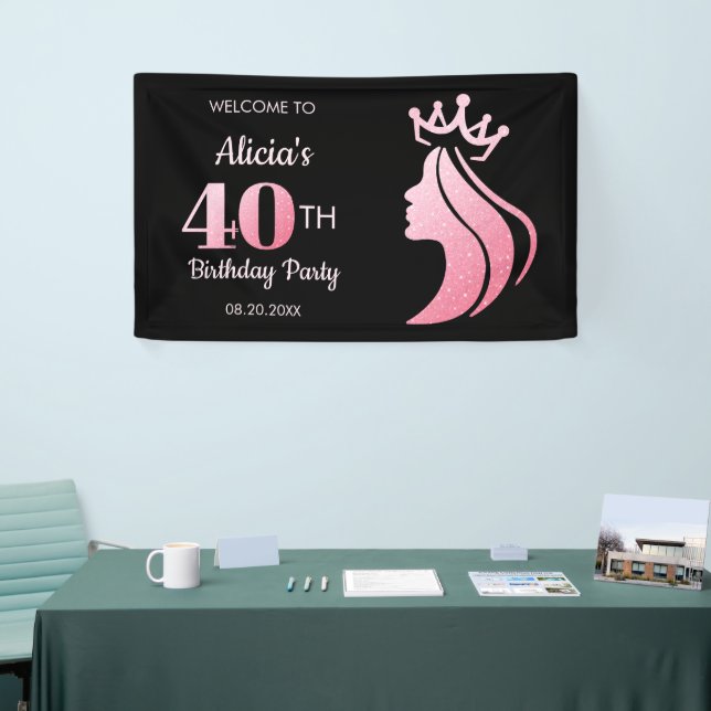 Queen Crown Pink Glitter Black 40th Birthday Banner (Tradeshow)