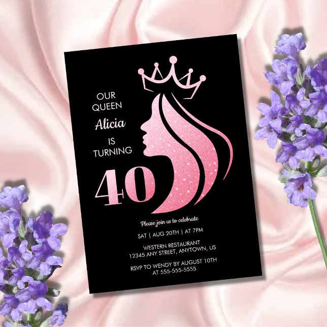 Queen Crown Pink Glitter Black 40th Birthday Invitation (Creator Uploaded)