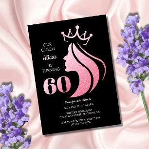 Queen Crown Pink Glitter Black 60th Birthday Invitation