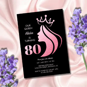 Queen Crown Pink Glitter Black 80th Birthday Invitation