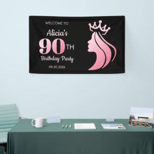 Queen Crown Pink Glitter Black 90th Birthday Banner
