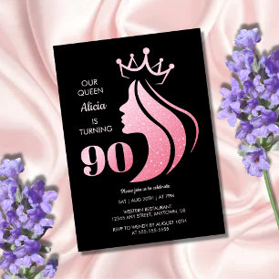 Queen Crown Pink Glitter Black 90th Birthday Invitation