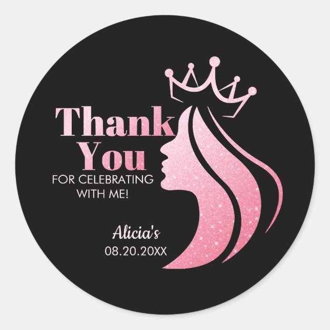 Queen Crown Pink Glitter Black Birthday Thank You Classic Round Sticker (Front)