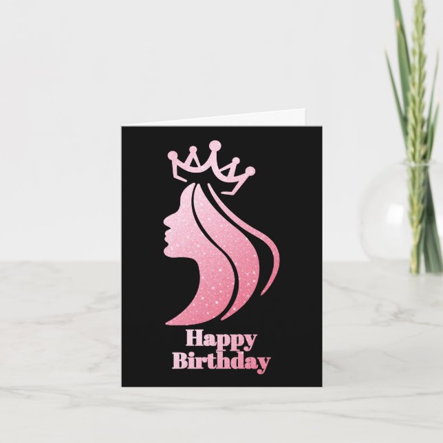 Queen Crown Pink Glitter Black Happy Birthday Card (Front)