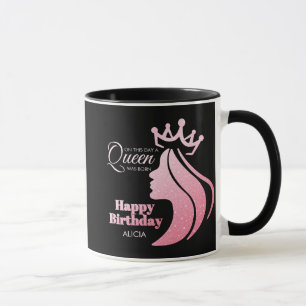 Queen Crown Pink Glitter Black Happy Birthday Mug