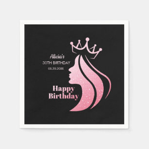 Queen Crown Pink Glitter Black Happy Birthday Napkin