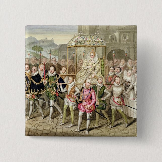 Queen Elizabeth I in procession with her Courtiers 15 Cm Square Badge (Front)