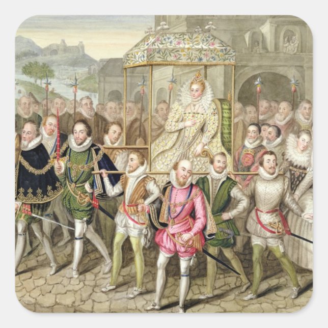 Queen Elizabeth I in procession with her Courtiers Square Sticker (Front)