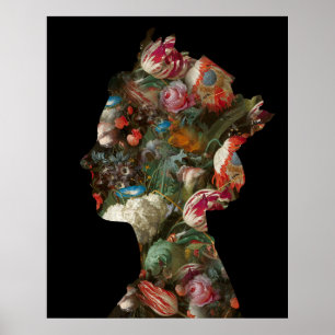 Queen Elizabeth II Silhouette Flowers Medium Poster