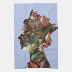 Queen Elizabeth II Silhouette Flowers  Tea Towel