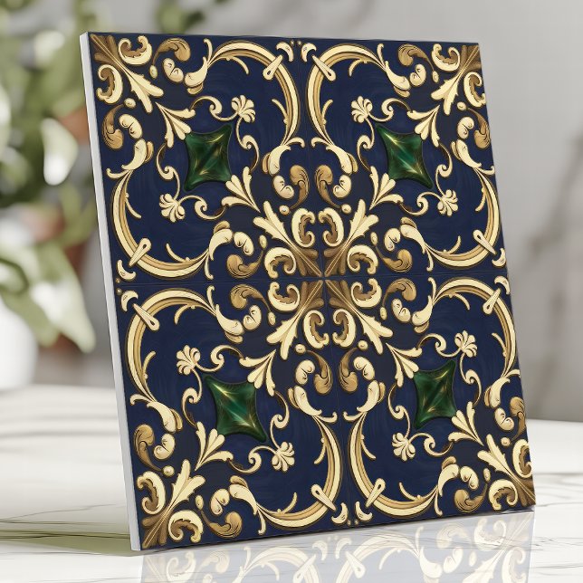 Queen Esther Damask Scroll Navy Blue Gold Ceramic Tile (Creator Uploaded)